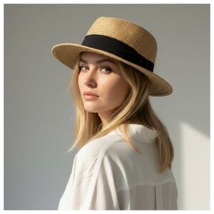 Straw Boater Hat with Black Band - Women Accessories